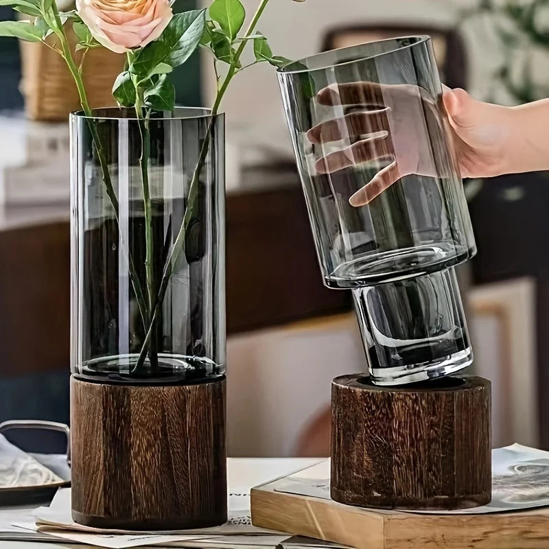 Vinea Glass Vase with Wooden Base