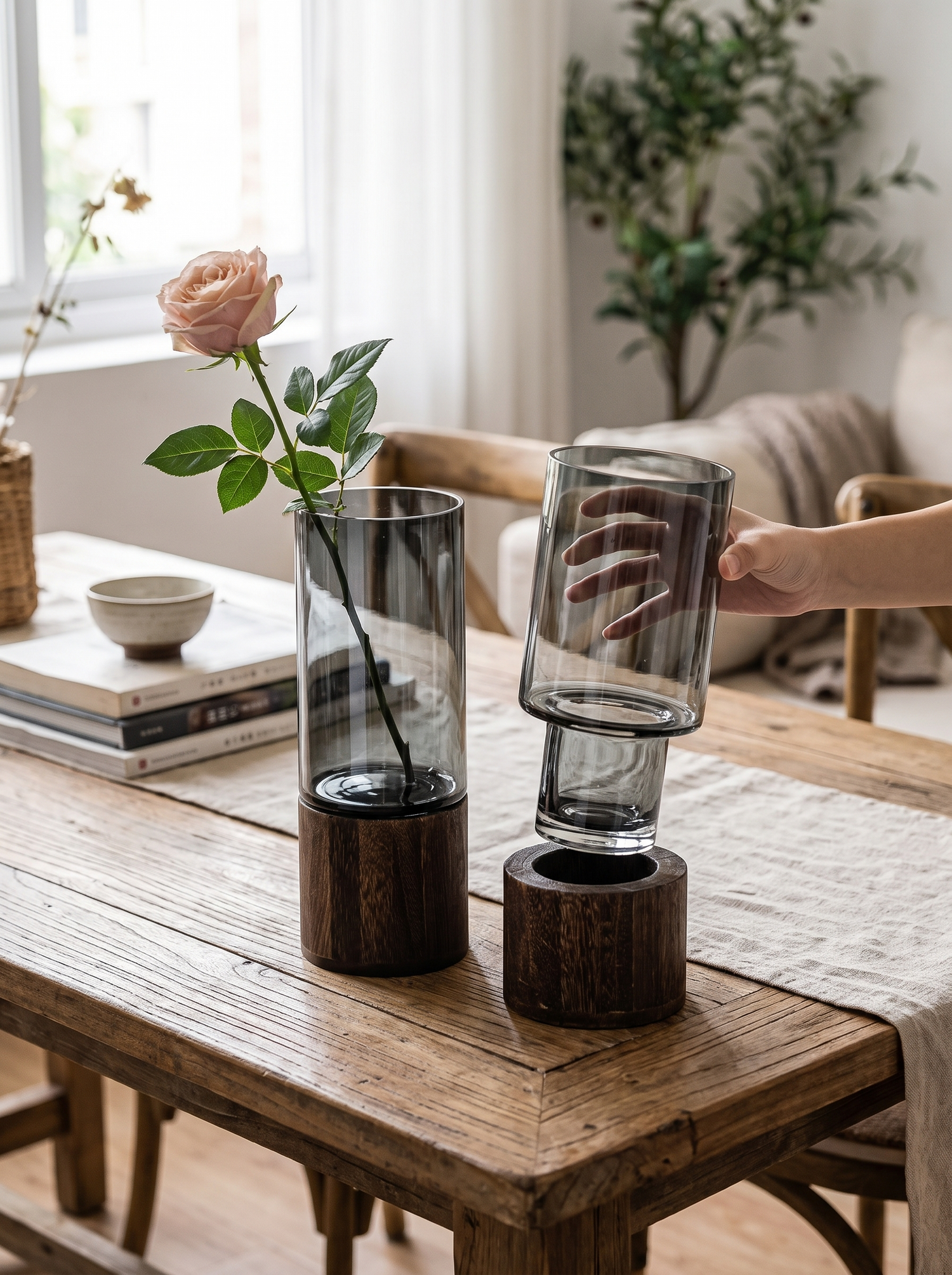 Glass Vase With Wooden Base lifestyle iwt1