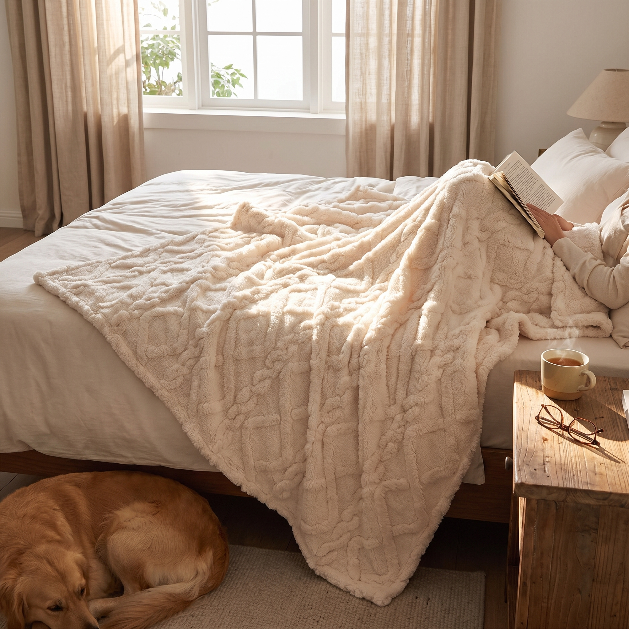Featherline Coral Fleece Blanket in use