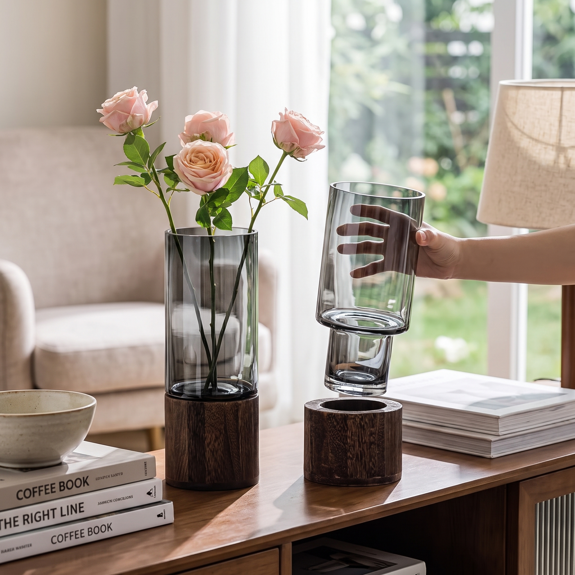 Vinea Glass Vase with Wooden Base in use